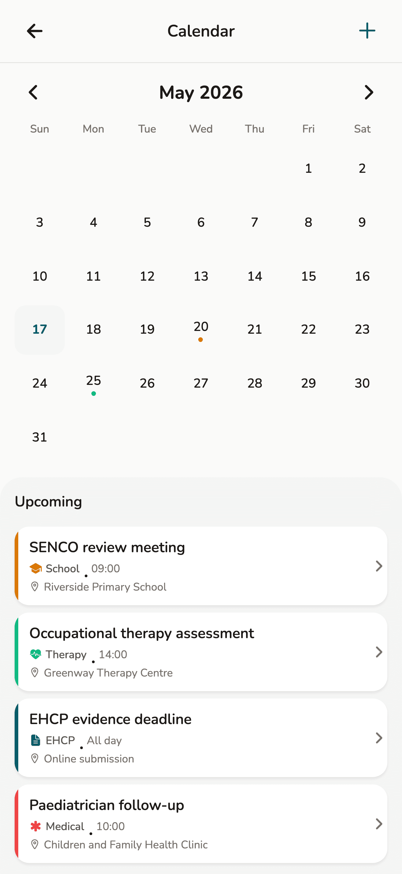 Calendar showing EHCP deadlines and appointments