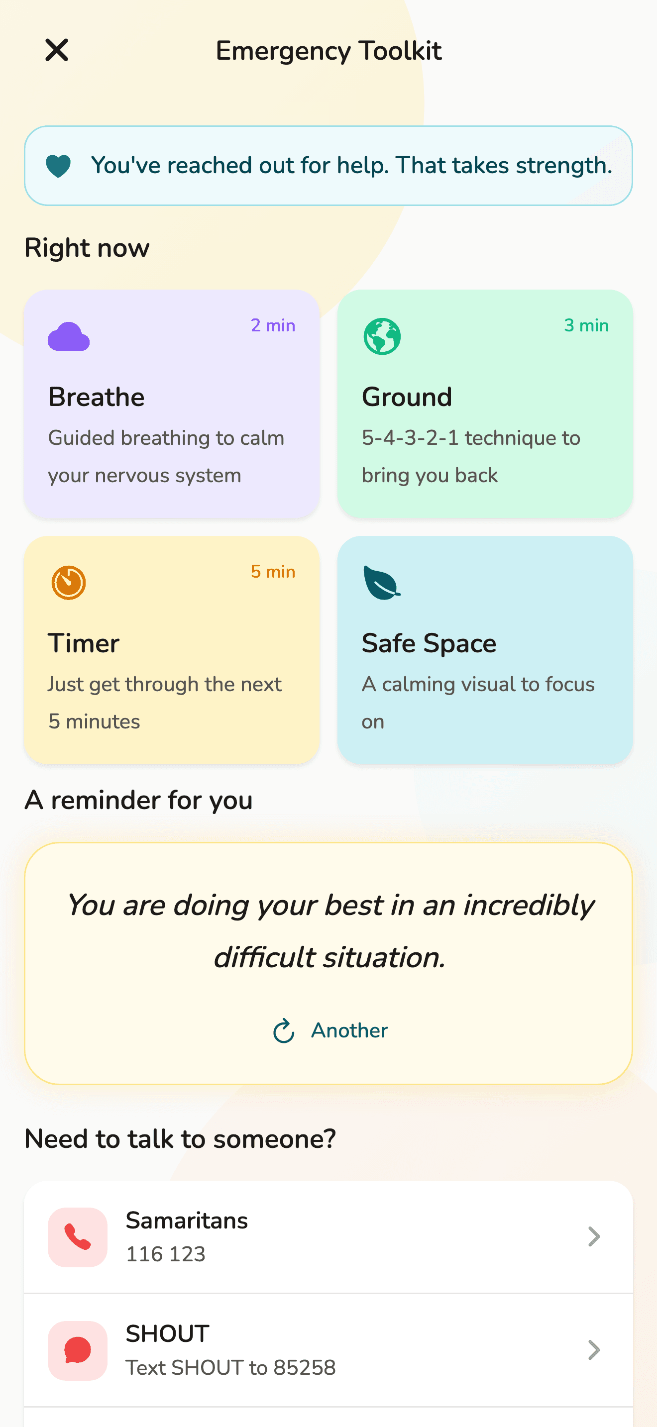 Emergency toolkit with breathe, ground, timer, safe space