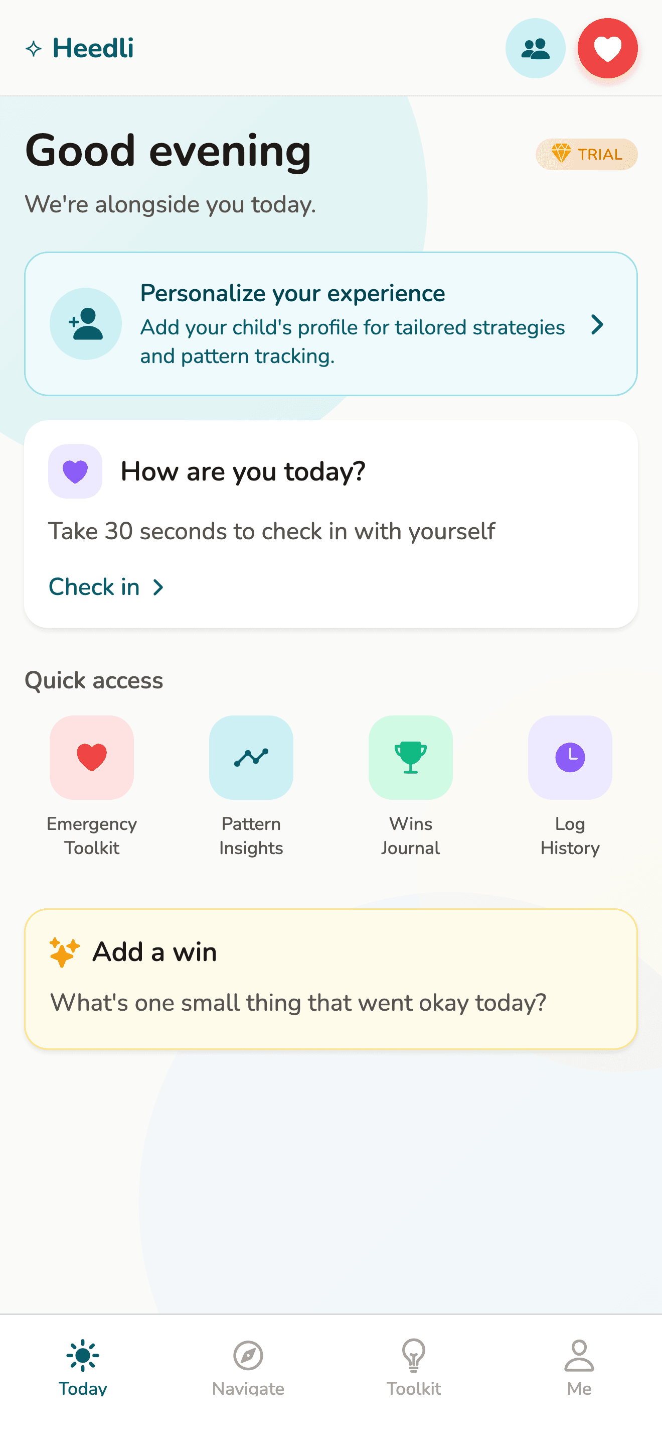 Heedli parent dashboard with daily check-in summary