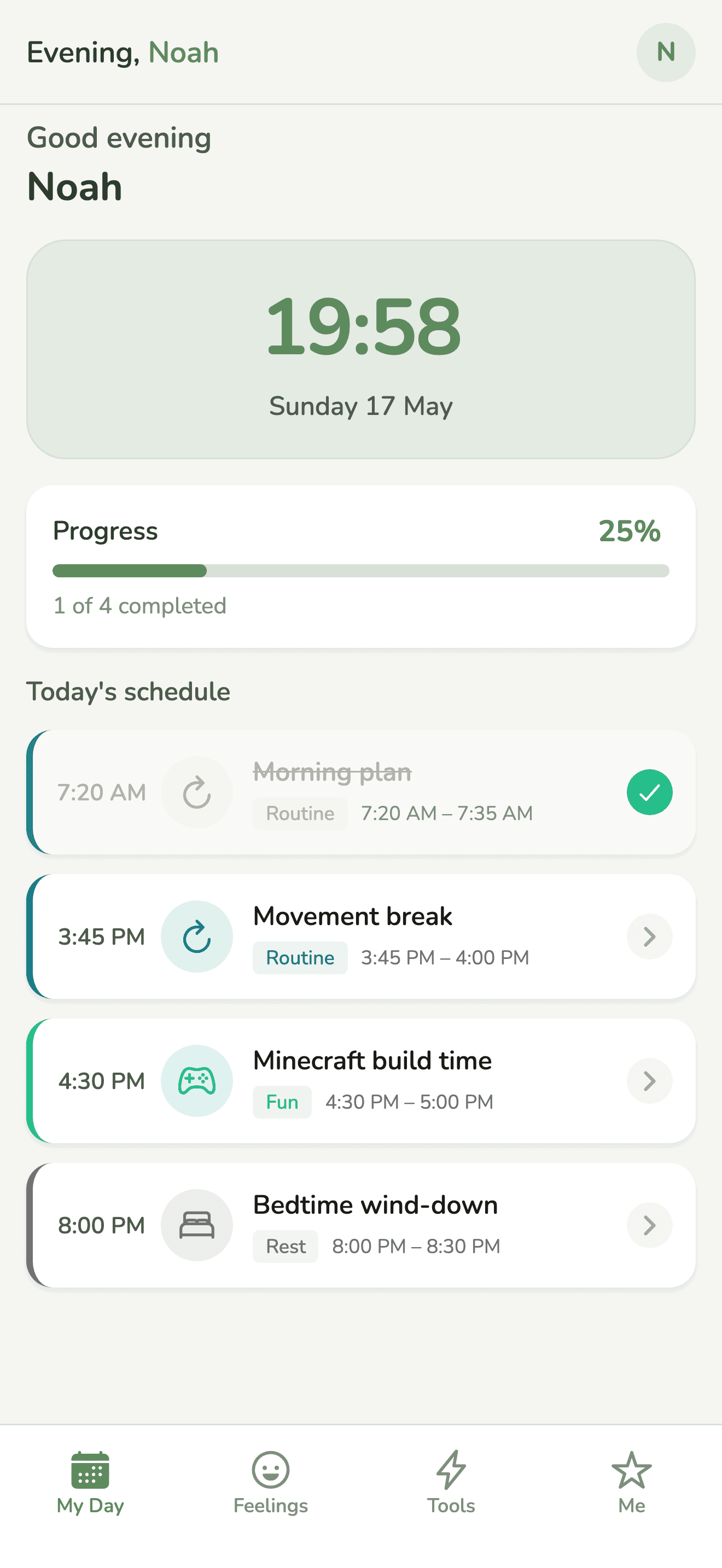 Heedli young-person dashboard with schedule and progress